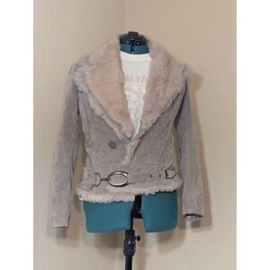 Rosebush Gray Corduroy Faux Fur Trim Afghan Jacket Y2K Penny Lane Small